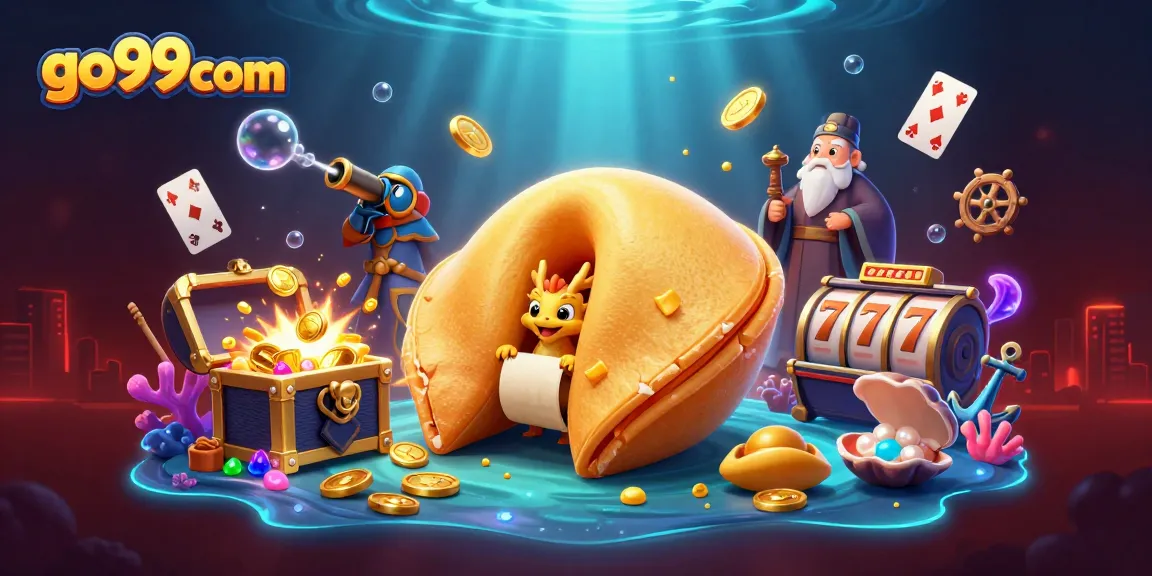Experience go99com's vibrant gambling scene with a golden fortune cookie and dynamic slot elements.