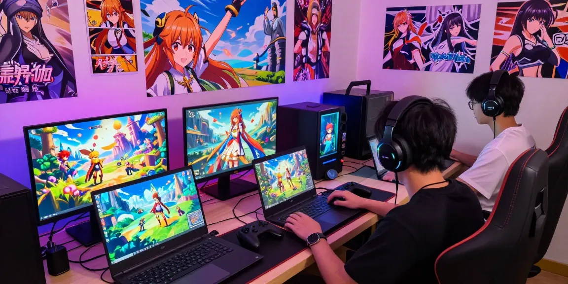 Exciting gaming scene featuring players engaged in ecchi games with vibrant characters in a cozy gaming corner.
