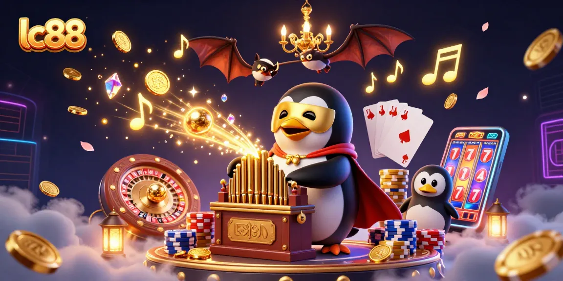 Spin and win at lc88 with a vibrant 3D casino scene featuring a penguin playing an organ shooting golden coins.