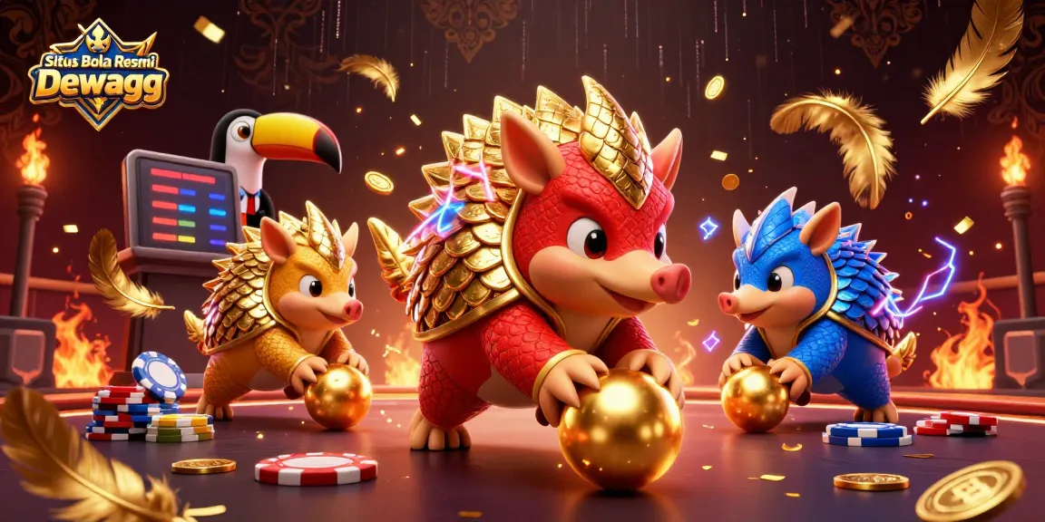 Situs Bola Resmi Dewagg showcases rival pangolins in a dynamic betting scene filled with vibrant casino elements.