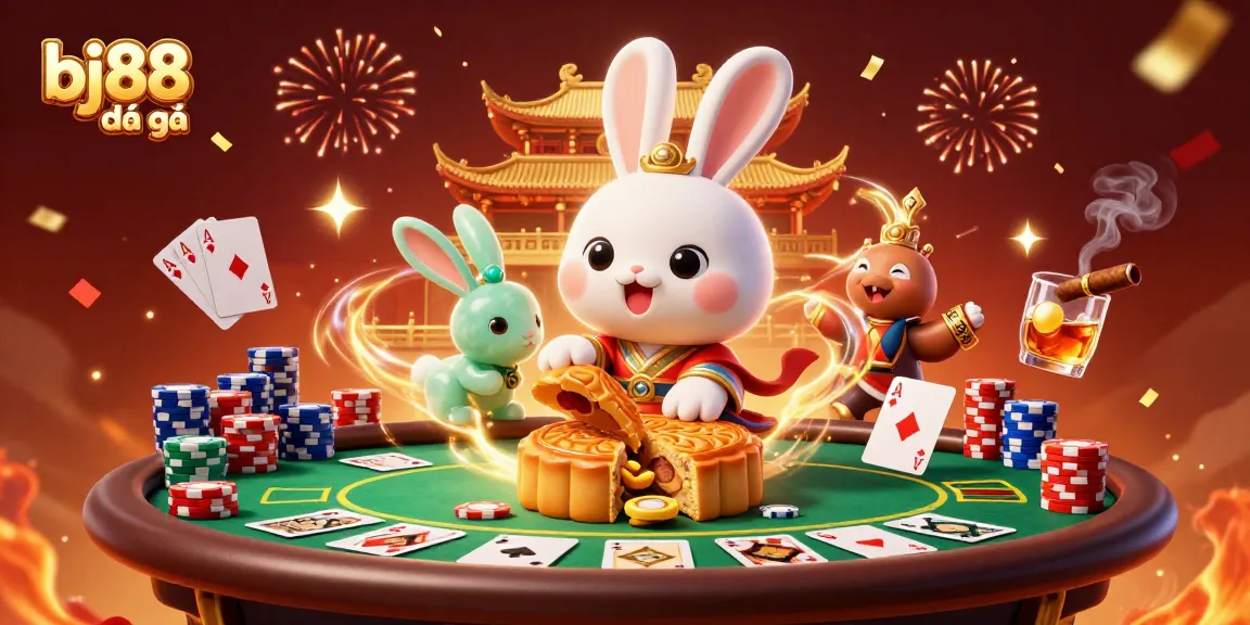 Engage with bj88 đá gà as the moon rabbit reveals poker chips amidst a vivid casino illustration.