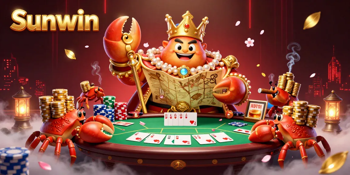 Sunwin players enjoy thrilling poker games surrounded by golden crab royalty and chips, vibrant gambling atmosphere