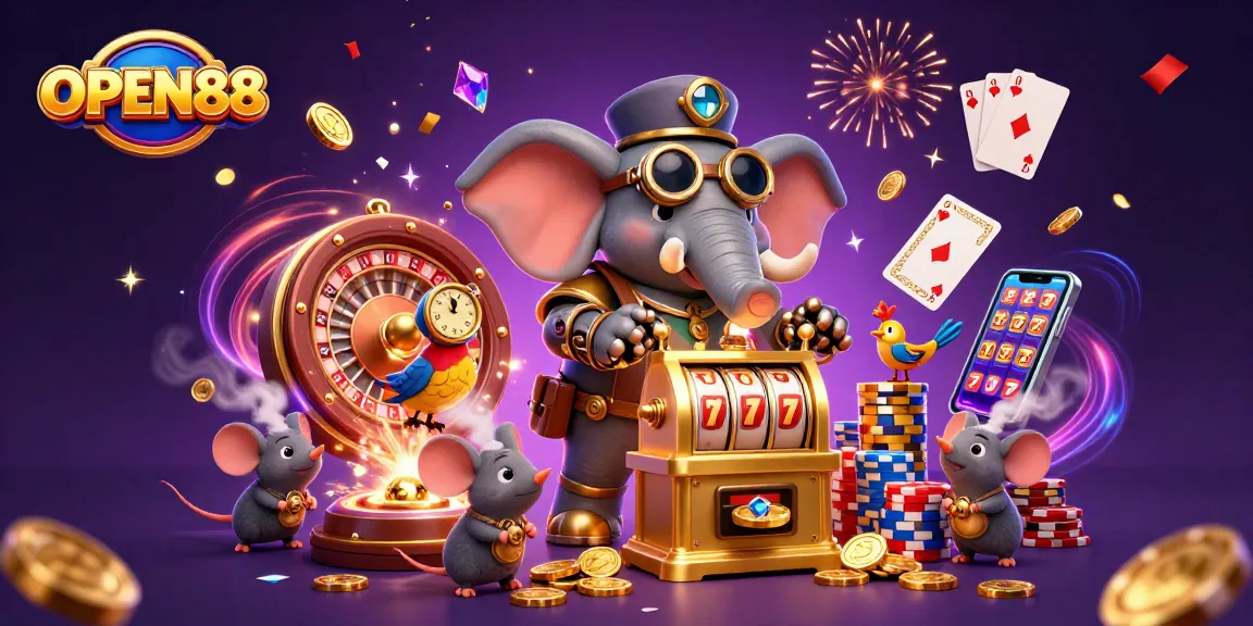 Experience the thrill of OPEN88 with vibrant slot machines and fun game elements in a fantasy casino scene.