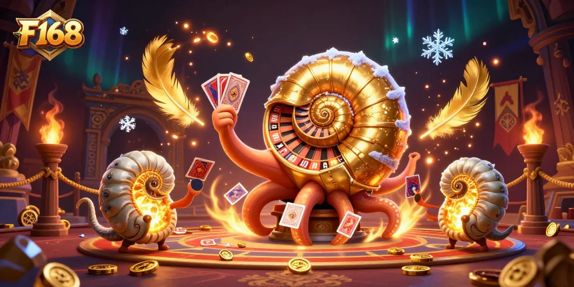 Engage in thrilling gameplay at F168 with a giant nautilus and glowing ammonites amid casino elements.