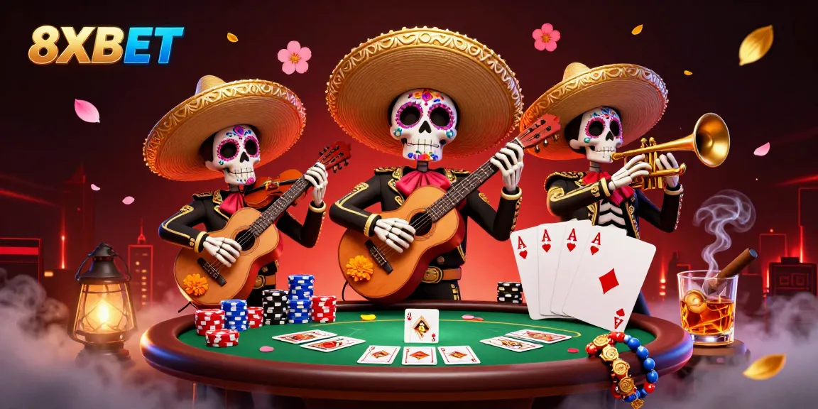 Experience thrilling games with 8XBET's vibrant casino atmosphere featuring lively mariachi characters.