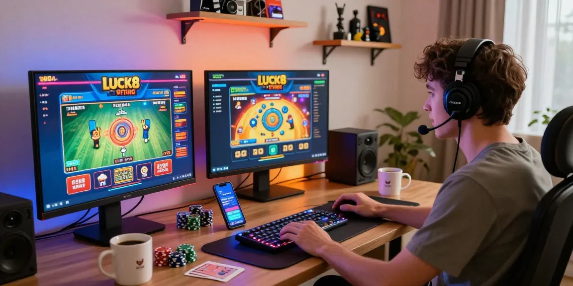 Engaged player experiencing LUCK8 online casino games in a vibrant home gaming setup.
