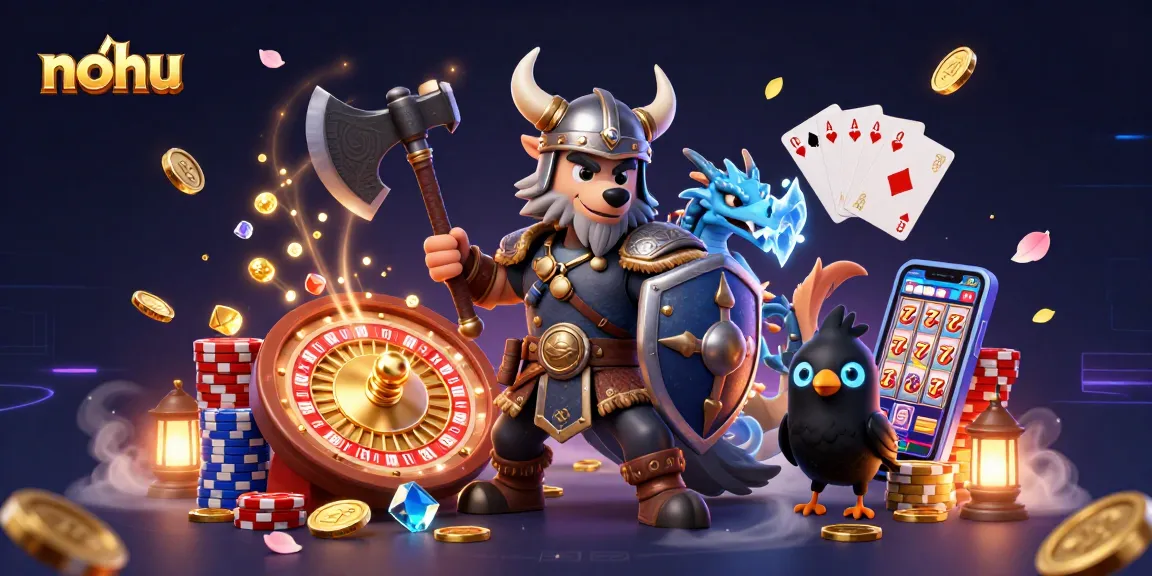 Nohu players enjoy thrilling slot games with animated characters in a vibrant casino scene.