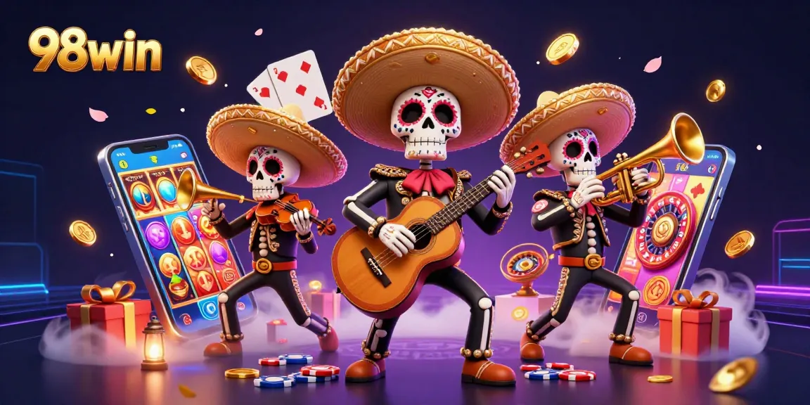 Engage in thrilling slots and games at 98win with vibrant 3D illustration of a mariachi band.