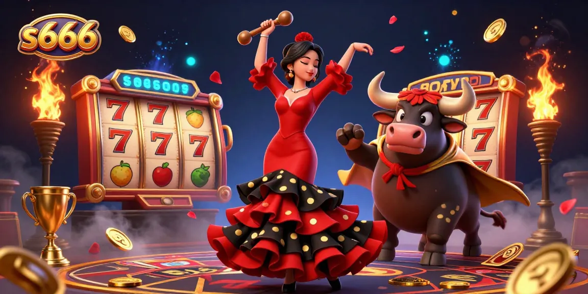 S666 slots-themed cinematic 3D illustration showcasing a flamenco dancer and a cartoon bull.