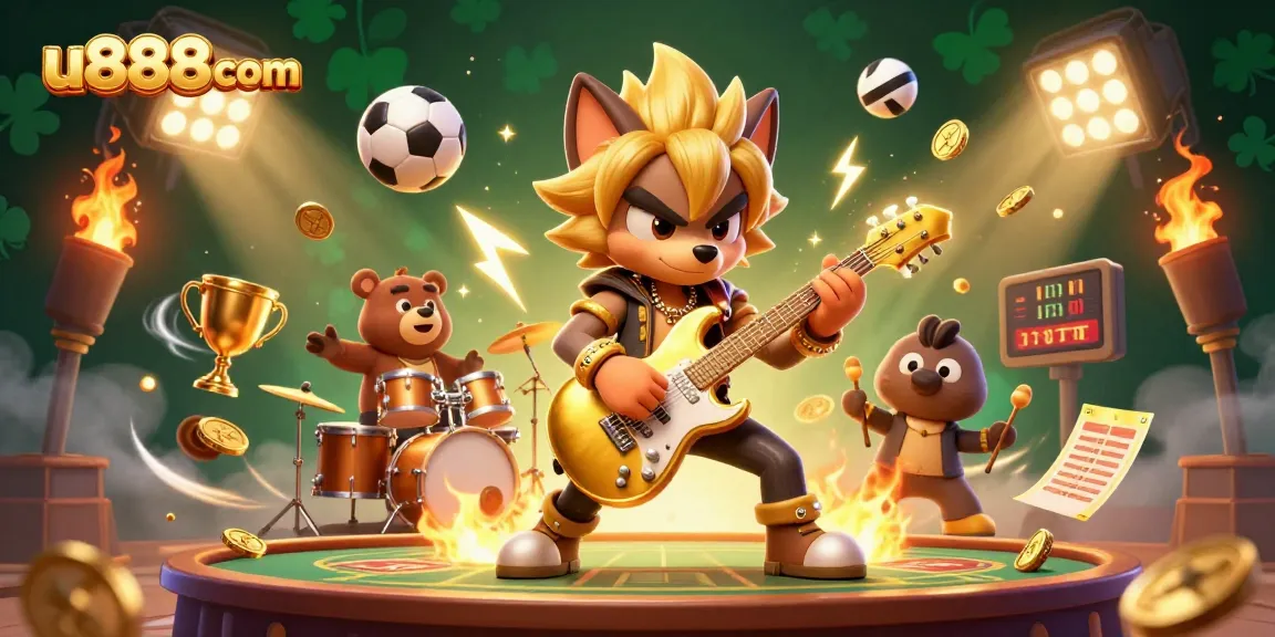 Engage with u888com’s vibrant casino experience featuring a rock star wolf and exciting game elements.