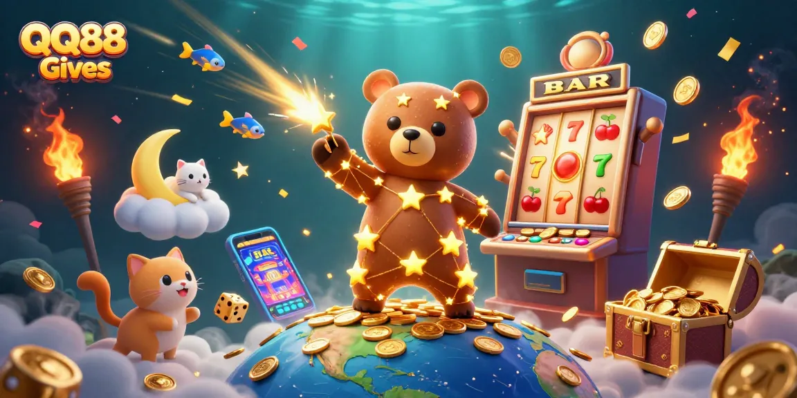 Experience thrills and wins with QQ88 Gives as vibrant casino elements burst in a captivating illustration.