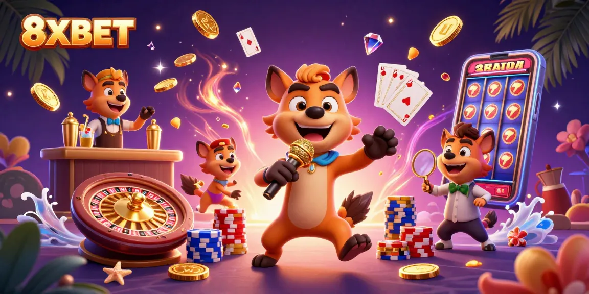 Experience the thrill of 8XBET at a lively casino scene with dynamic hyenas and vibrant game elements!