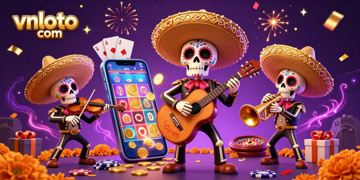 Engage with vnloto com's vibrant slot games featuring festive mariachi skeletons in a dynamic casino scene.