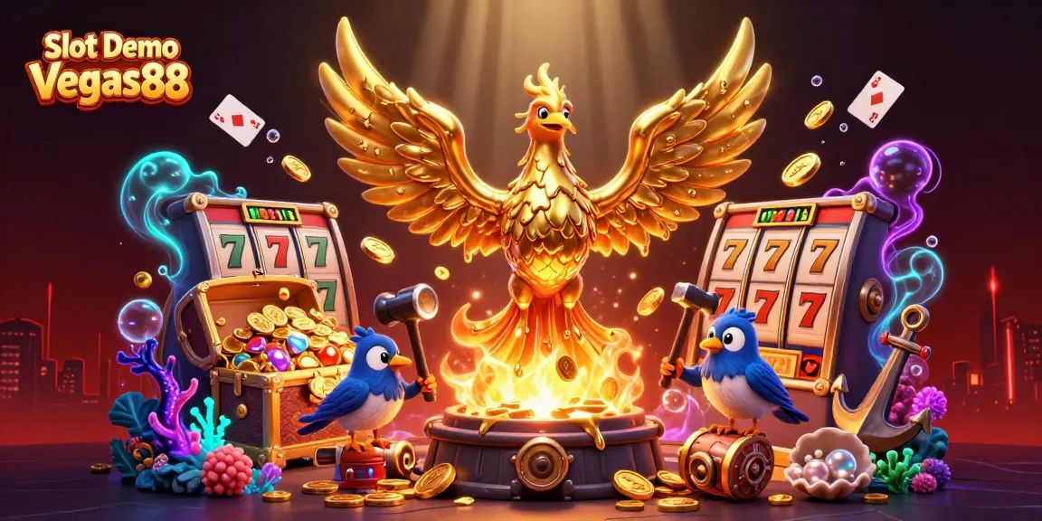 Engage with the Slot Demo Vegas88 experience featuring a phoenix and slot visuals in dynamic 3D illustration.