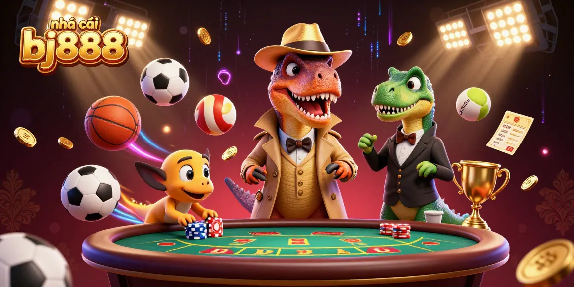Experience the excitement at nhà cái bj888 with a cartoon velociraptor card counter and friends in a packed casino scene.