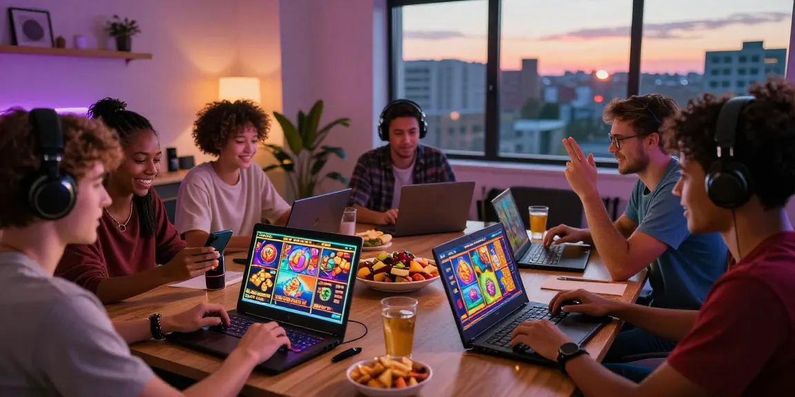 Group of friends enjoying demo slot games on laptops and smartphones in an urban apartment setting.