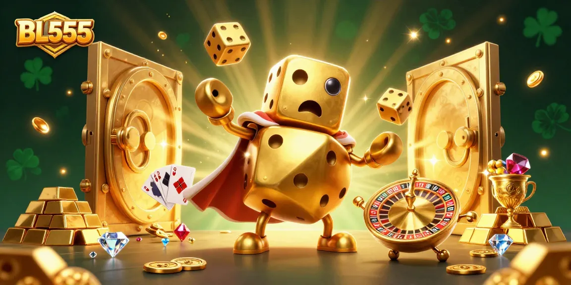 Engage with BL555's vibrant gaming experience featuring a golden dice golem juggling treasures.