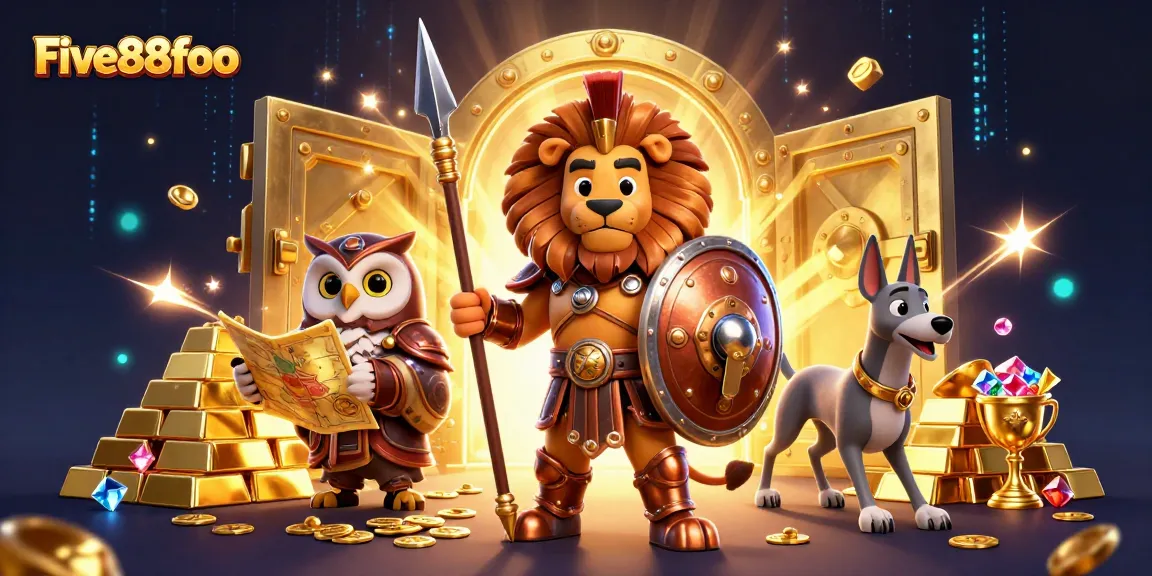 Engage with Five88foo's thrilling casino experience featuring a Spartan lion, owl, and greyhound amidst treasure.