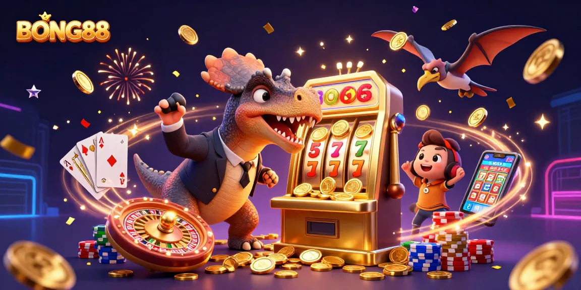 BONG88 showcases a dinosaur headbutting a slot machine as coins fly in a vibrant casino scene.
