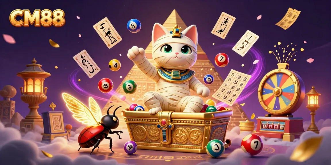 Experience exotic gaming vibes with CM88's mummy cat in a vibrant lottery scene.