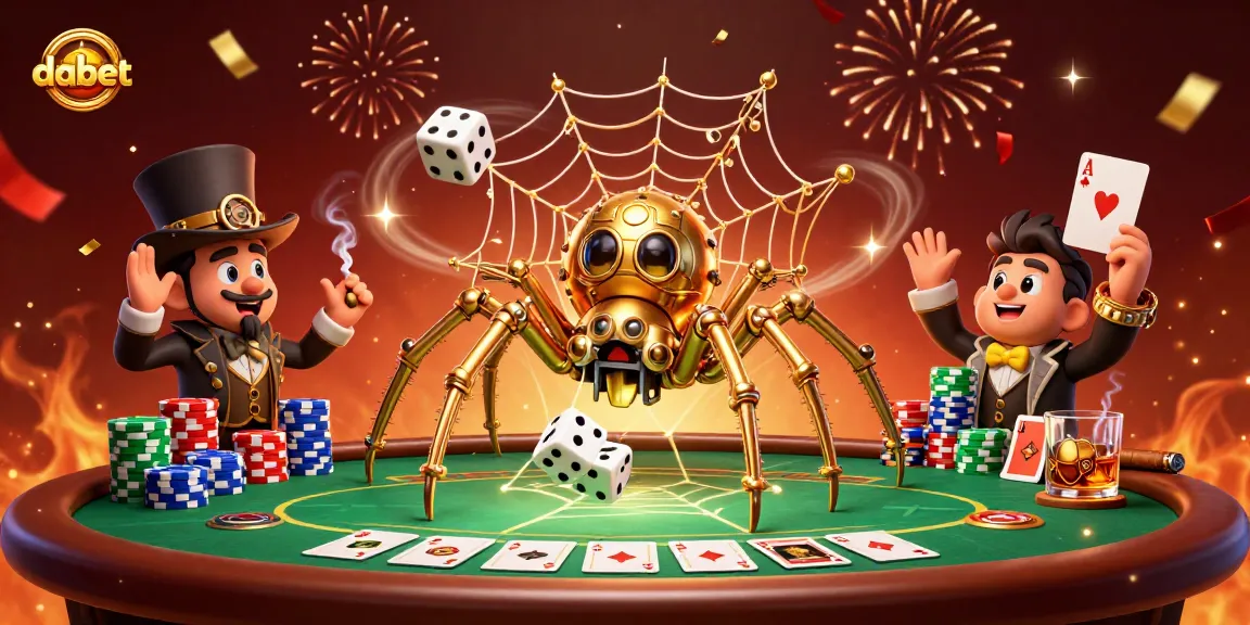 Dabet's steampunk spider entangles dice in golden webs, surrounded by vibrant poker elements.