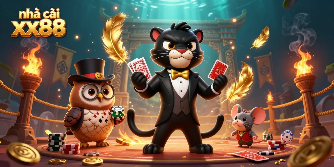 Engaging scene featuring nhà cái xx88 with a stylish panther, owl holding poker chips, and a lucky mouse amidst casino elements.