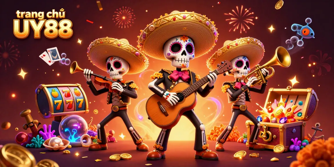 Engage with the vibrant world of trang chủ UY88 by exploring an exciting 3D digital illustration featuring a lively mariachi band, slot elements, and treasures.