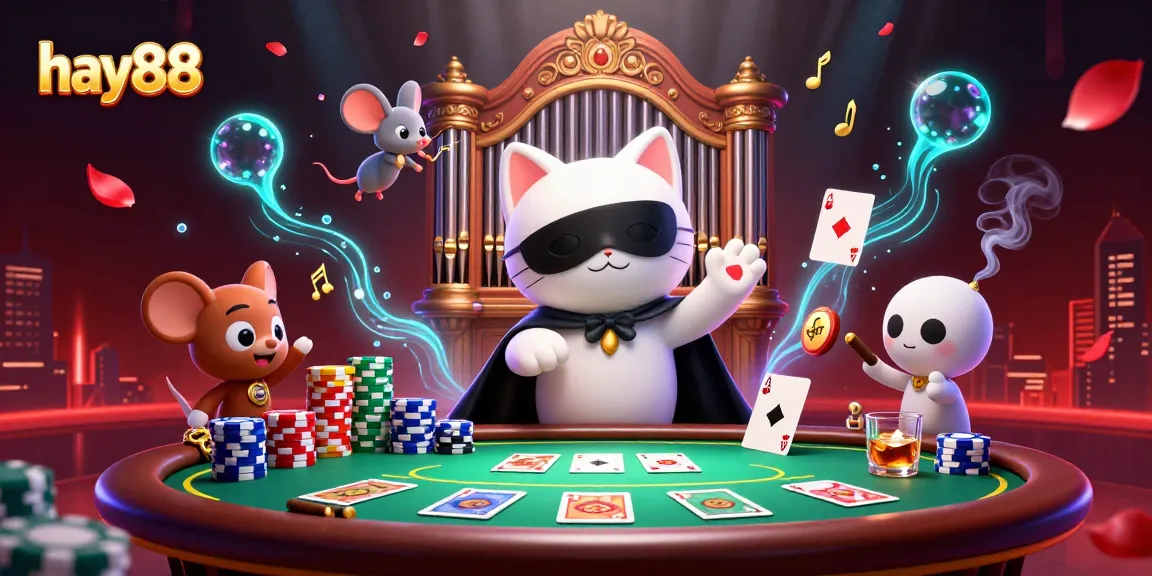 Experience the excitement of hay88 with a vibrant casino scene featuring a masked cat and acrobatic mouse.