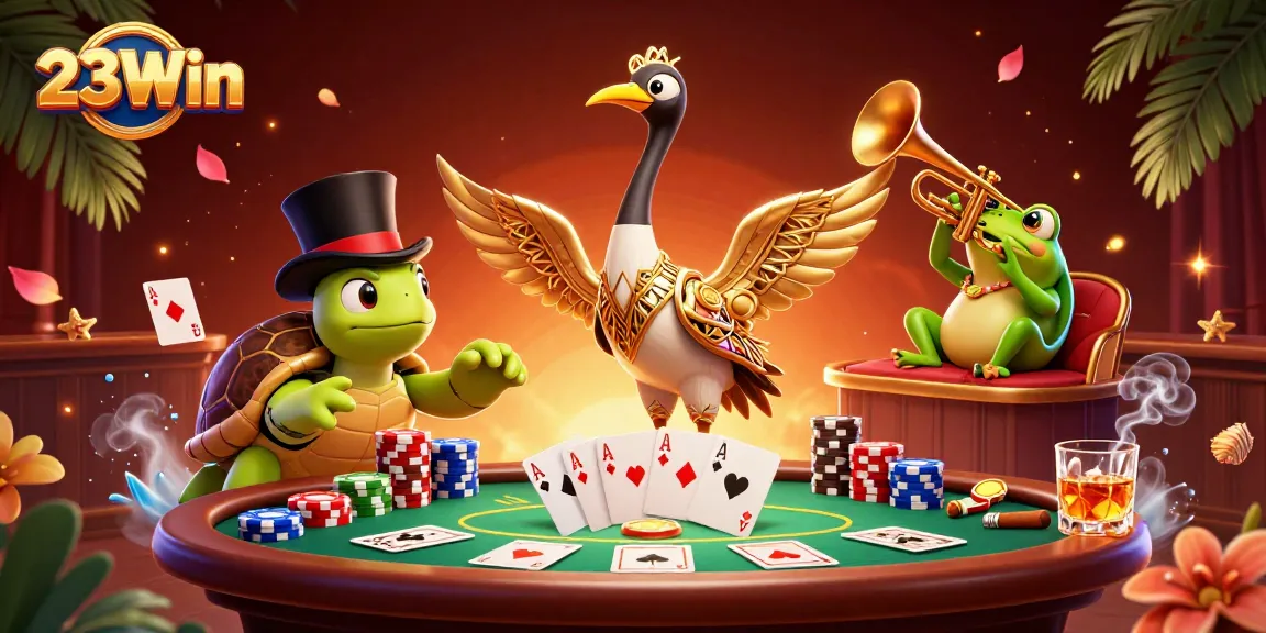 Join the excitement at 23Win with cartoon characters in a vibrant casino scene, showcasing poker action.