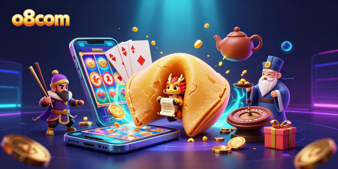 Experience the excitement at o8com with a vibrant casino-themed illustration featuring fortune cookies, dragons, and gaming elements.
