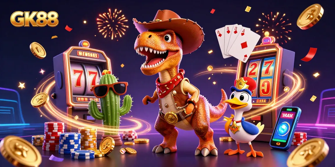 GK88 showcases an exciting slot game atmosphere with characters and vibrant casino elements.