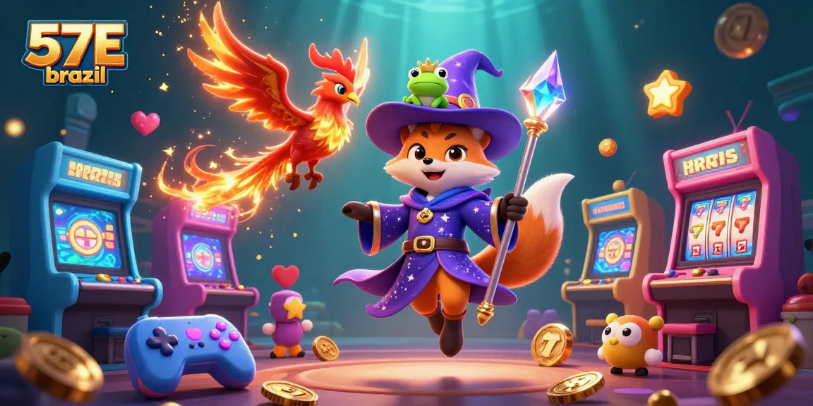 Experience the excitement of 57E brazil with animated wizard and phoenix in a vibrant casino atmosphere.