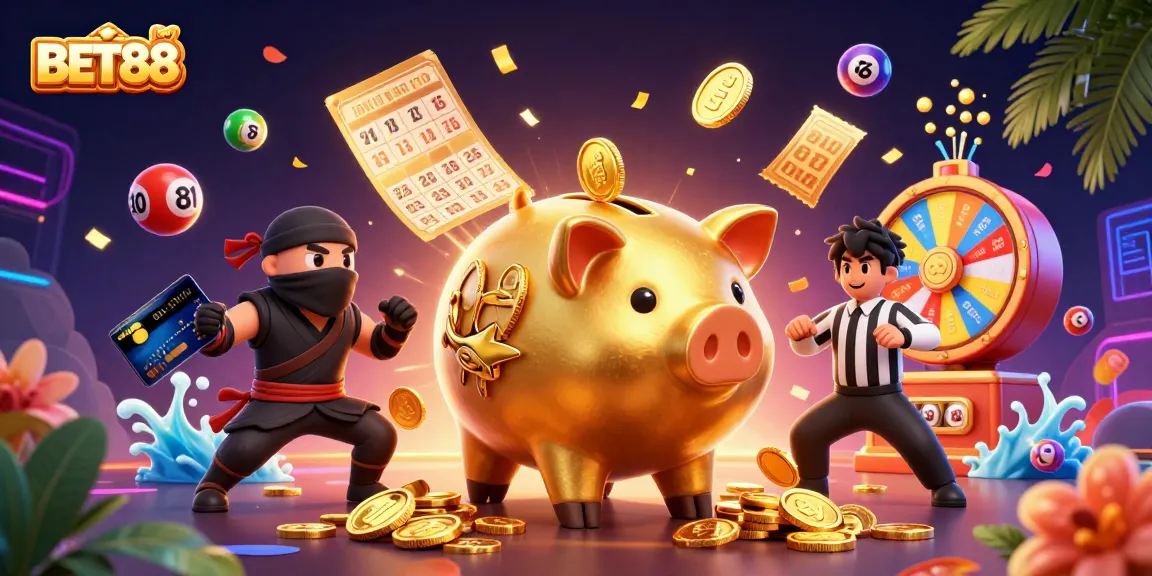 Engage with BET88's thrilling atmosphere as cartoon characters bring excitement to life in a dazzling casino scene.