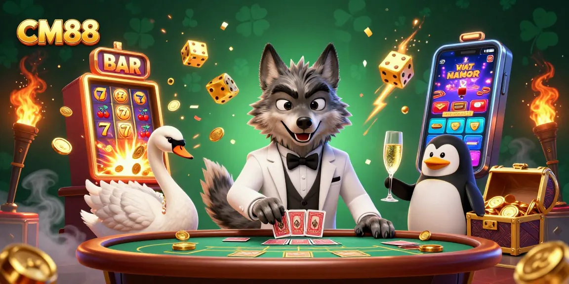 Join CM88 in thrilling baccarat gameplay with a debonair wolf, elegant swan, and sophisticated penguin serving champagne.