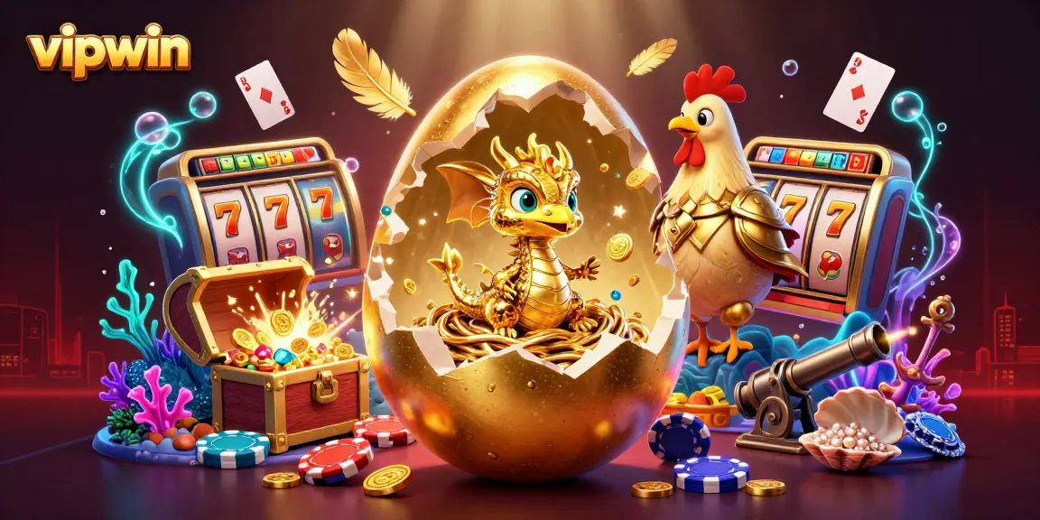 Experience the excitement of vipwin with a golden dragon and poker chips in a vibrant casino illustration.