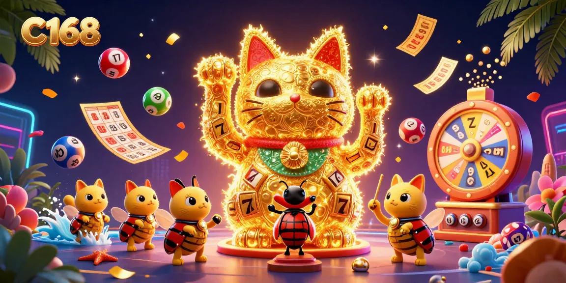 C168 offers thrilling slot games with enticing visuals of a golden cat and colorful lottery balls.