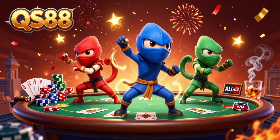 Experience thrilling gameplay at QS88 with a vibrant casino atmosphere featuring lively chameleon ninjas.