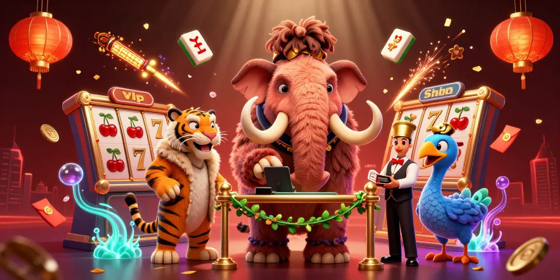 Experience shbet with the cartoon woolly mammoth bouncer checking IDs in a vibrant casino scene.