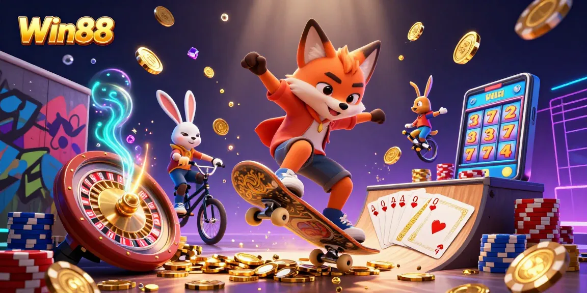 Win88 adventures with a skateboarder fox and BMX rabbit in a vibrant casino scene.