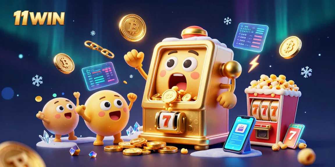 Experience the thrilling 11WIN jackpot with golden slot machines and Ethereum coins in a vibrant scene.