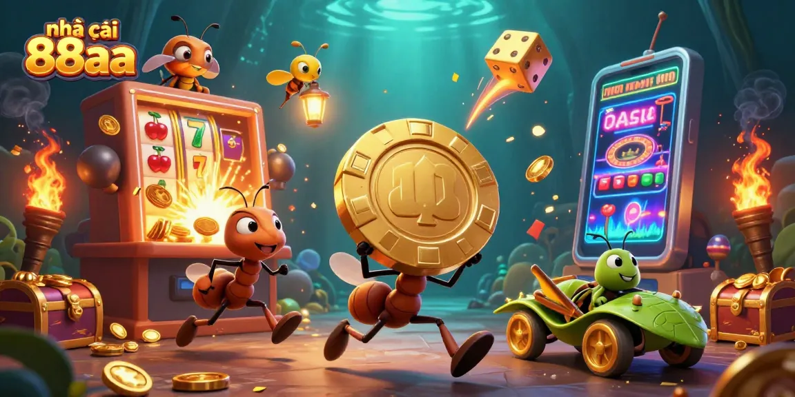 Engaging scene of ants heisting a giant poker chip in an action-packed casino theme with nhà cái 88aa branding.