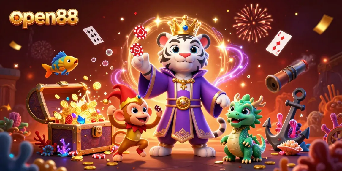 Experience the thrilling games at open88 with vibrant characters celebrating and playing around treasures and casino elements.