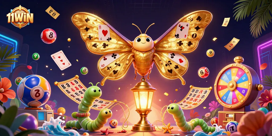 Engage with 11WIN's vibrant casino adventure featuring a moth, lottery balls, and dynamic gaming elements.