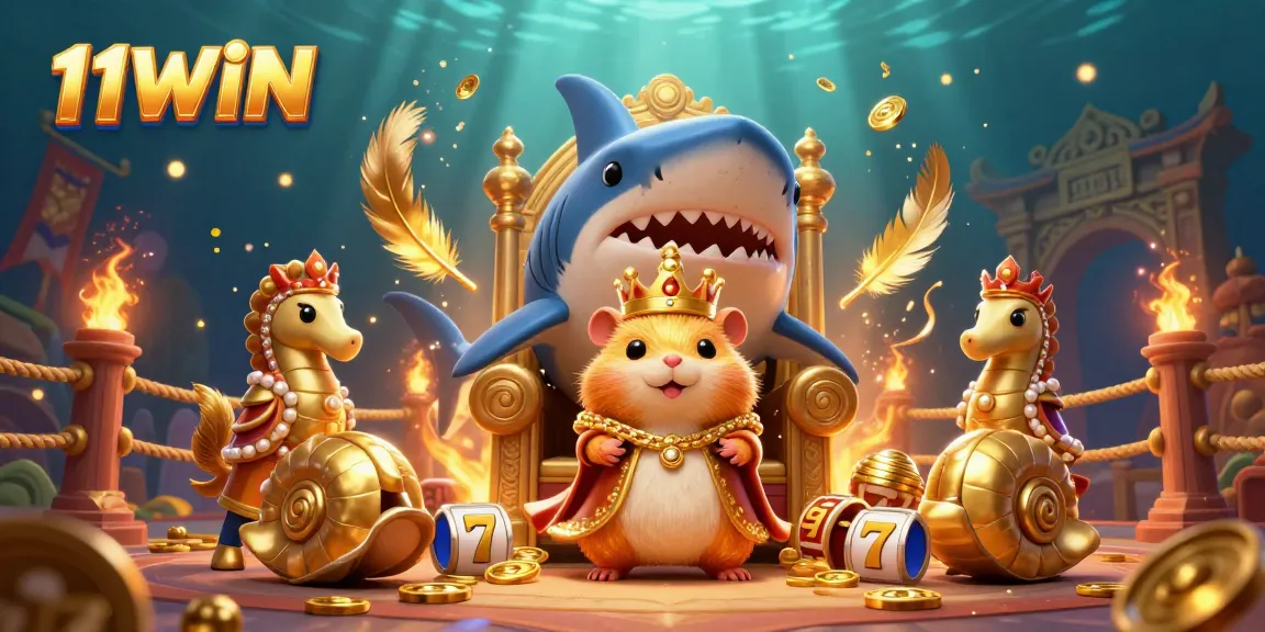Engage your luck with 11WIN at a vibrant casino scene featuring a golden hamster king.