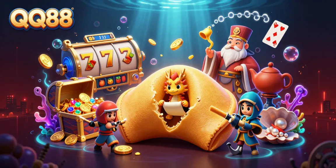 Engage with QQ88's thrilling slot games featuring a golden fortune cookie and slot reels.