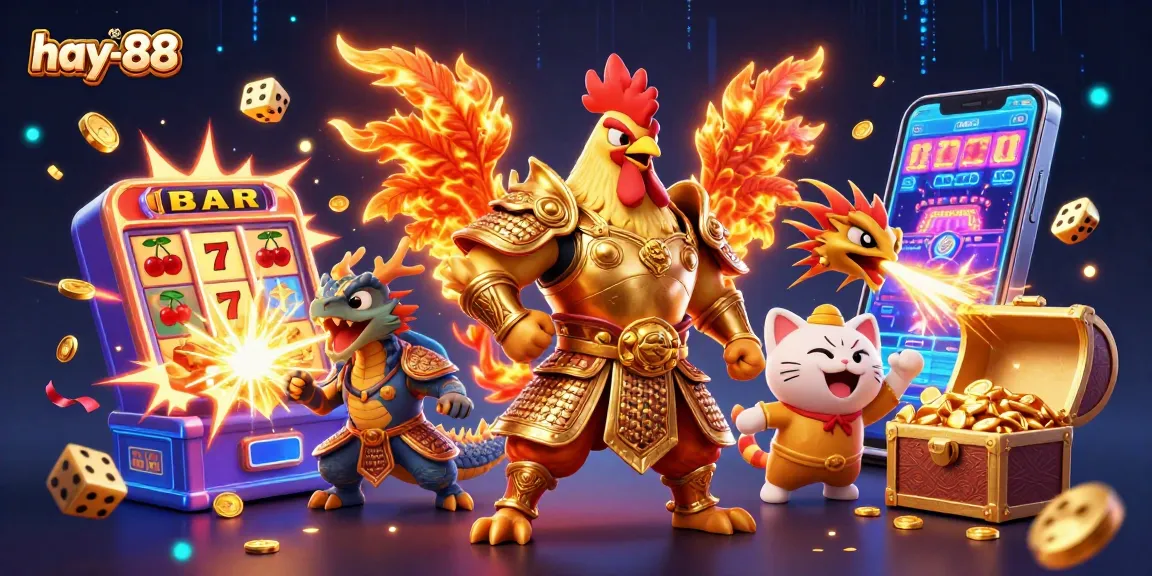 Experience the excitement of hay-88 with a dynamic casino-themed 3D illustration showcasing vibrant game elements.