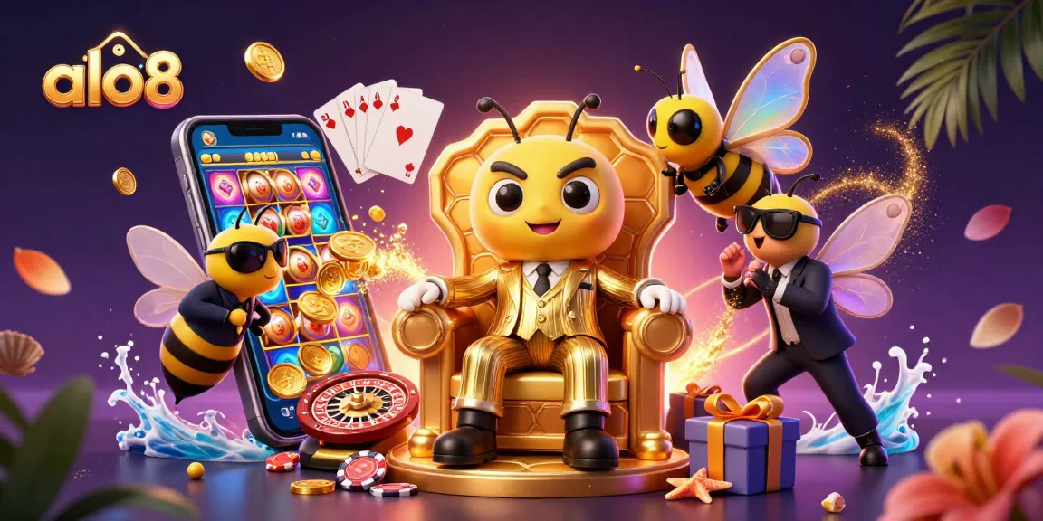 Play slots and win at alo8, featuring an exciting scene with characters and gaming elements.