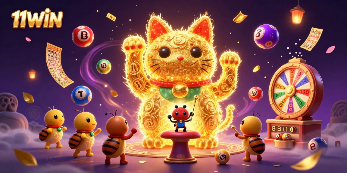 Experience the excitement of 11WIN with vibrant symbols and lucky charms in a dynamic casino scene.