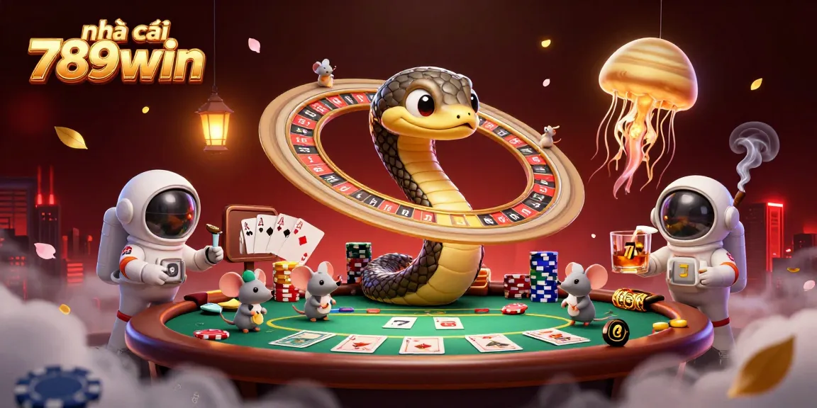 Place bets at the nhà cái 789win with thrilling cartoon characters in a vibrant casino scene.