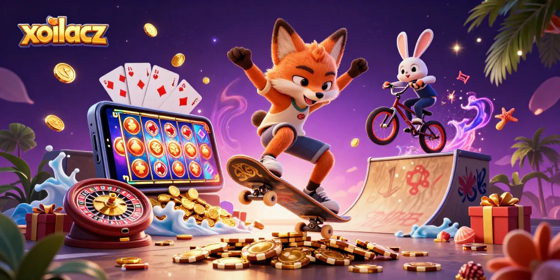 Xoilacz captures the excitement of gaming with a skateboarding fox, a BMX rabbit, and vibrant casino elements.